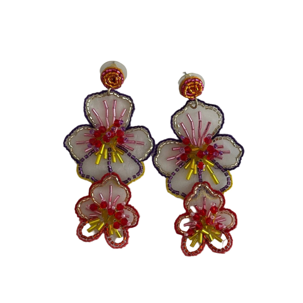 Pair of floral earrings on a white background