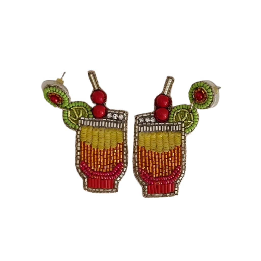 Beaded earrings shaped like cocktail glasses on a light gray background