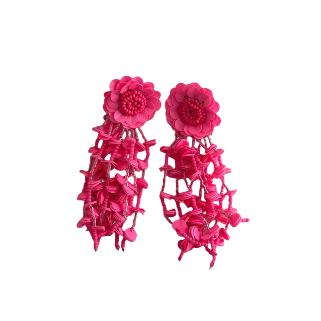 Pair of pink floral earrings on a light gray background